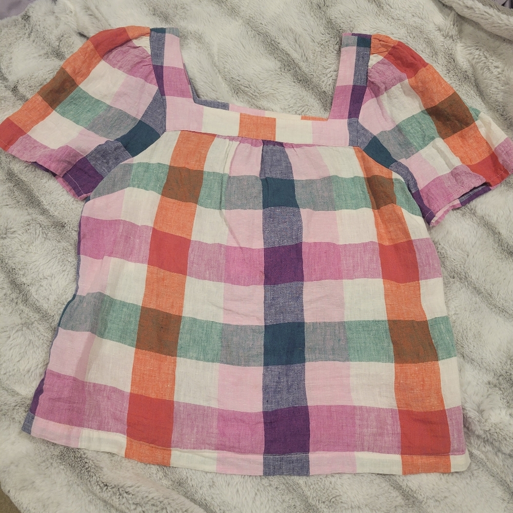 Boden check square neck linen top, size 6